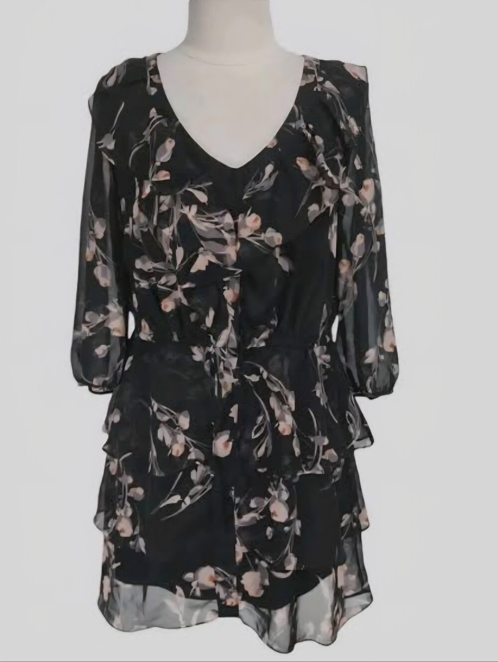 LC Lauren Conrad Black Floral V-Neck Quarter Sleeve Ruffled Mini Dress 8 EUC